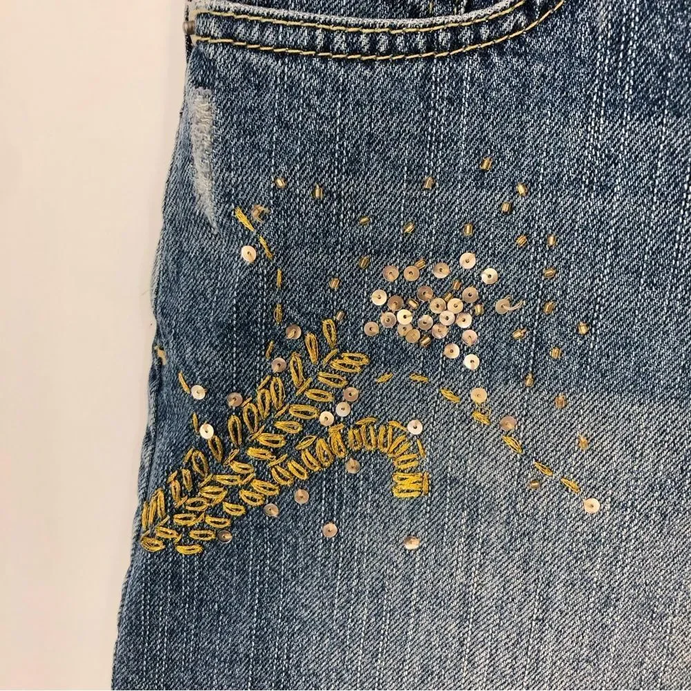 Vtg Guess Jeans Y2K Denim Mini Skirt Womens 28 Gold Sequins Cutoff Destructed‎